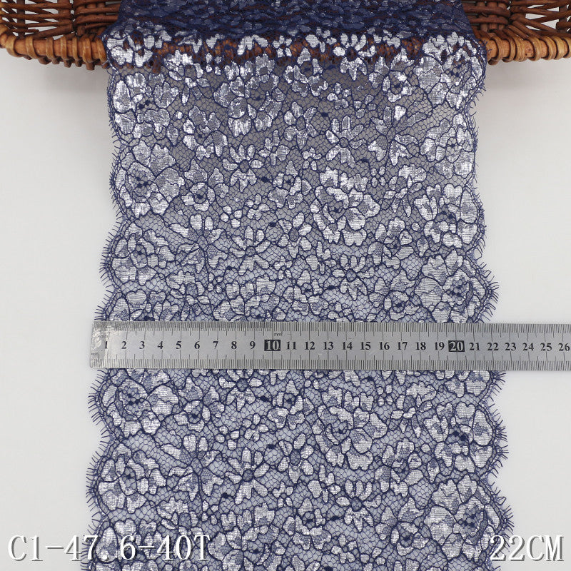freedombeauty|Navy Blue Full Embossed Silver Classical Flower Non-Elastic Eyelash 22cm Lingerie Home Textile Lace Trim Accessories