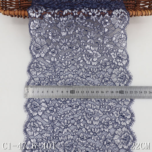 freedombeauty|Navy Blue Full Embossed Silver Classical Flower Non-Elastic Eyelash 22cm Lingerie Home Textile Lace Trim Accessories