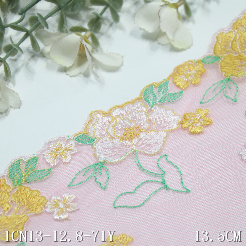 【1pack】-freedombeauty|Pink Mesh Single-Sided Two-Tone Flower Embroidery Lace Trim 13cm Clothing Home Textile Lace Trim Accessories