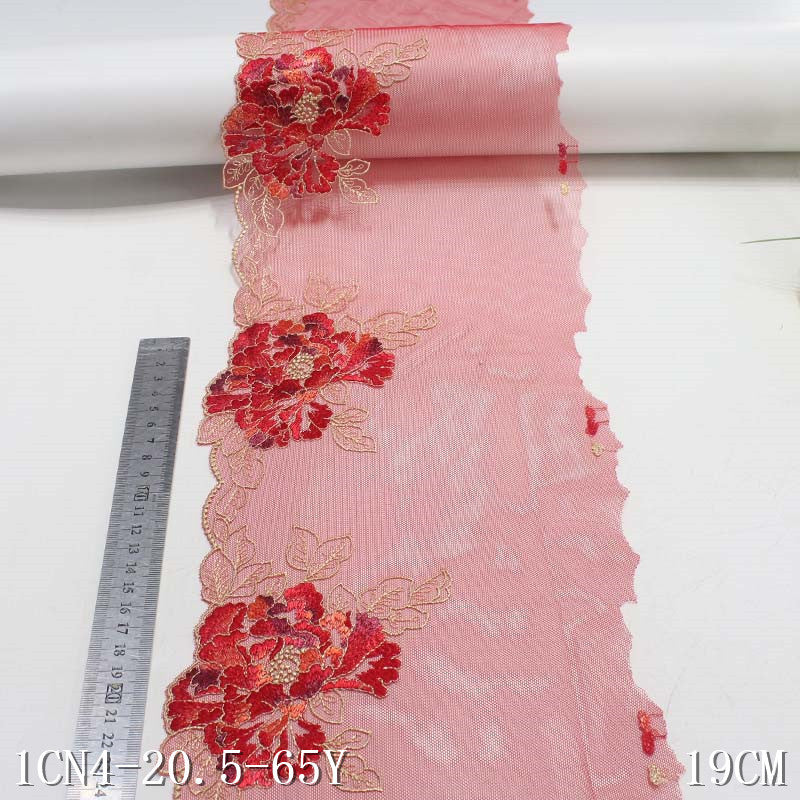 【1pack】-freedombeauty|Red Mesh Single-Sided Classic Large Flower Pattern Embroidered Lace Trim for Curtains and Lingerie