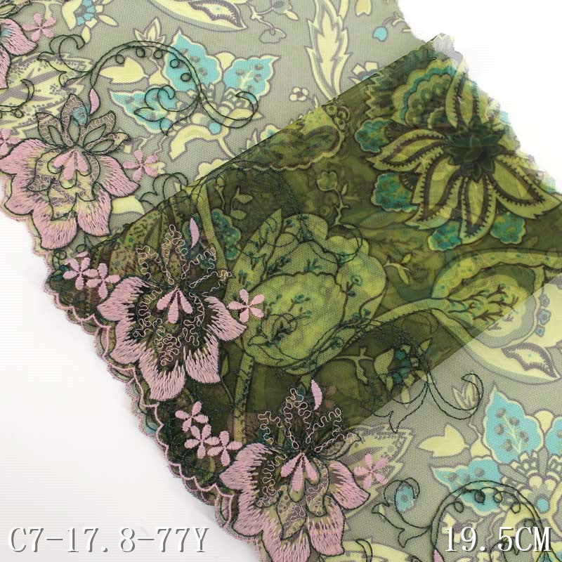 【1pack】-freedombeauty|In Stock Single Side Green Printed Mesh Base Pink Flower Performance Costume Accessories Embroidered Lace Width 19.5cm