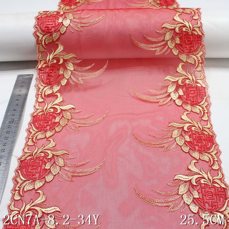 【1pack】-freedombeauty|Double-Sided Red Mesh Polyester Thread Chinese Knot Embroidery Lace Trim Curtain Festive Wedding Lace Trim
