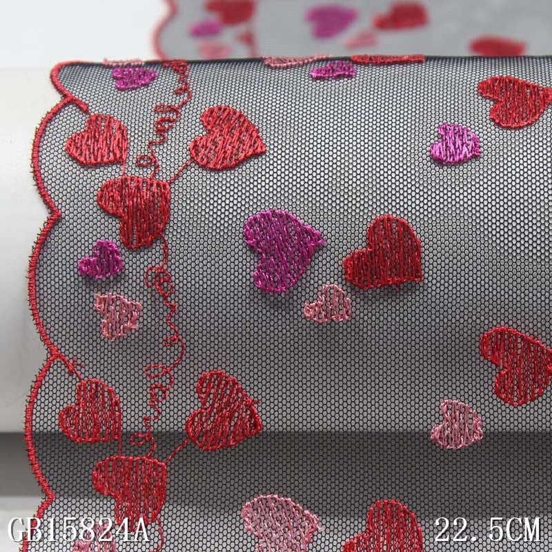 【1pack】-freedombeauty|Premium Black Mesh Colorful Polyester Thread Heart Embroidery Lace DIY Lingerie Performance Costume Lace Accessories
