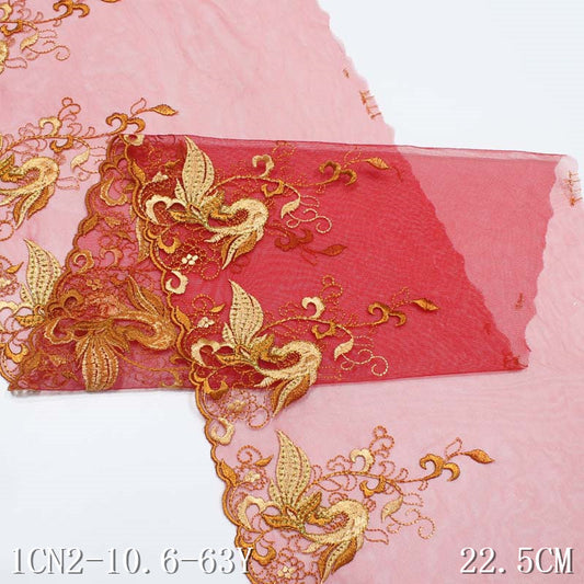 freedombeauty|Embroidered Lace Single Side Red 3D Gold Embroidered Hexagonal Net Base with Gold Thread Wedding Dress Cheongsam Clothing Accessories