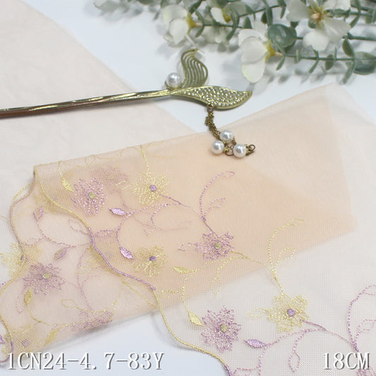 【1pack】-freedombeauty|Light Orange Mesh Single Edge Vintage Small Flower Embroidery Lace 18cm Ancient Costume Hanfu Lace Trim Accessories