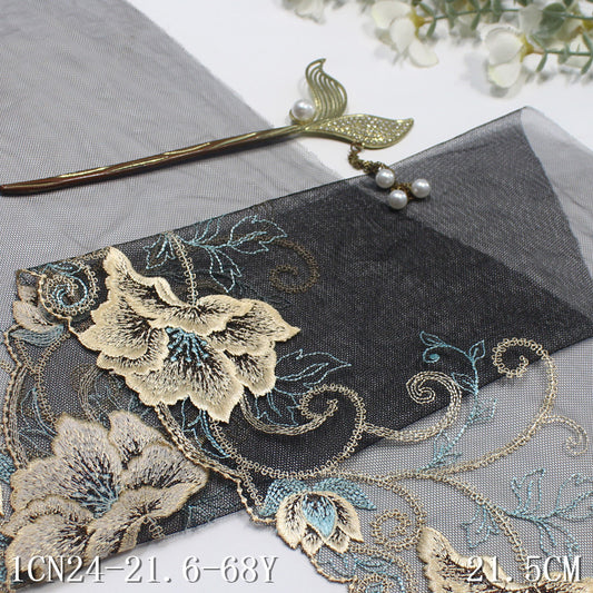 【1pack】-Freedombeauty | Two-Color Mesh Single Side Gold Silk Vintage Flower Embroidery Lace Clothing Home Textile Lace Accessories DIY