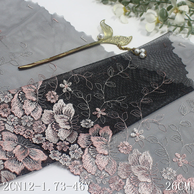 【1pack】-freedombeauty|Black Mesh Single Edge Vintage Flower Embroidery Trim Curtain Sofa Cushion 21cm Lace Trim Accessories