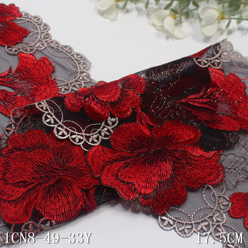 【1pack】-Freedombeauty | Black Mesh French Gold Thread Large Flower Embroidery Lace 17cm Clothing Home Textile Lace Accessories DIY