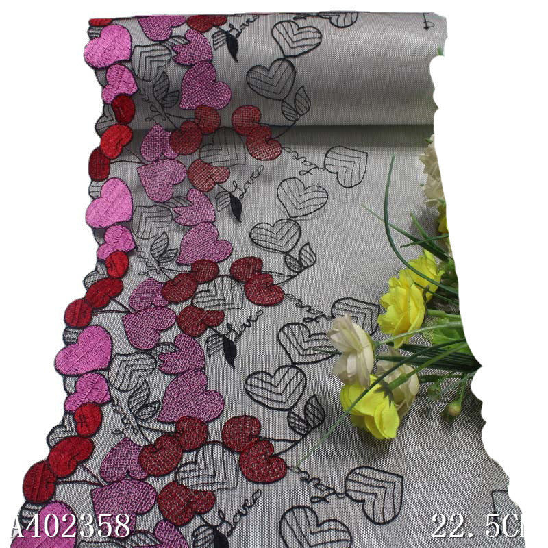 【1pack】-freedombeauty|Black Mesh Polyester Thread Cherry Small Heart Embroidery Lace DIY Lingerie Performance Costume Lace Trim Accessories