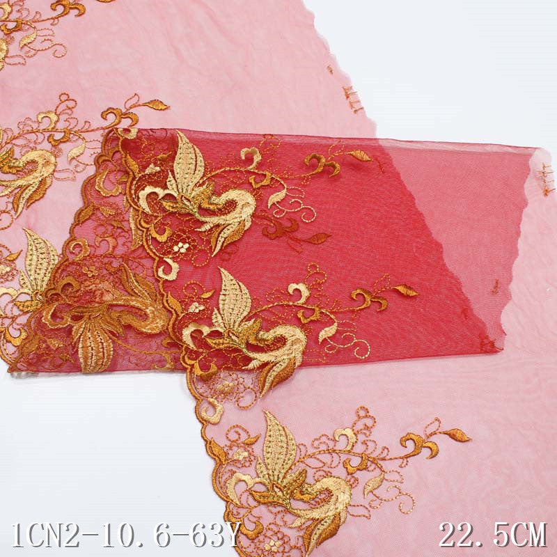 freedombeauty|Embroidered Lace Single Side Red 3D Gold Embroidered Hexagonal Net Base with Gold Thread Wedding Dress Cheongsam Clothing Accessories