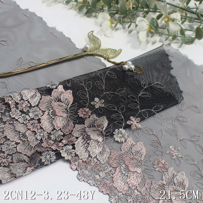 【1pack】-freedombeauty|Black Mesh Single Edge Vintage Flower Embroidery Trim Curtain Sofa Cushion 21cm Lace Trim Accessories