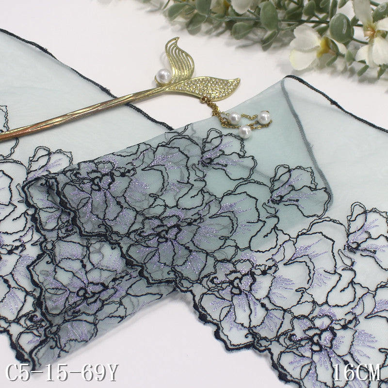 【1pack】-freedombeauty|Purple Mesh Single Edge Silver Thread Ancient Style Flower Embroidery Trim Clothing Home Textile Lace Trim Accessories DIY