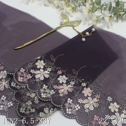 【1pack】-freedombeauty|Gray Purple Chiffon Fabric Single Edge Fresh Floral Embroidery Trim Clothing Curtain Lace Trim Accessories