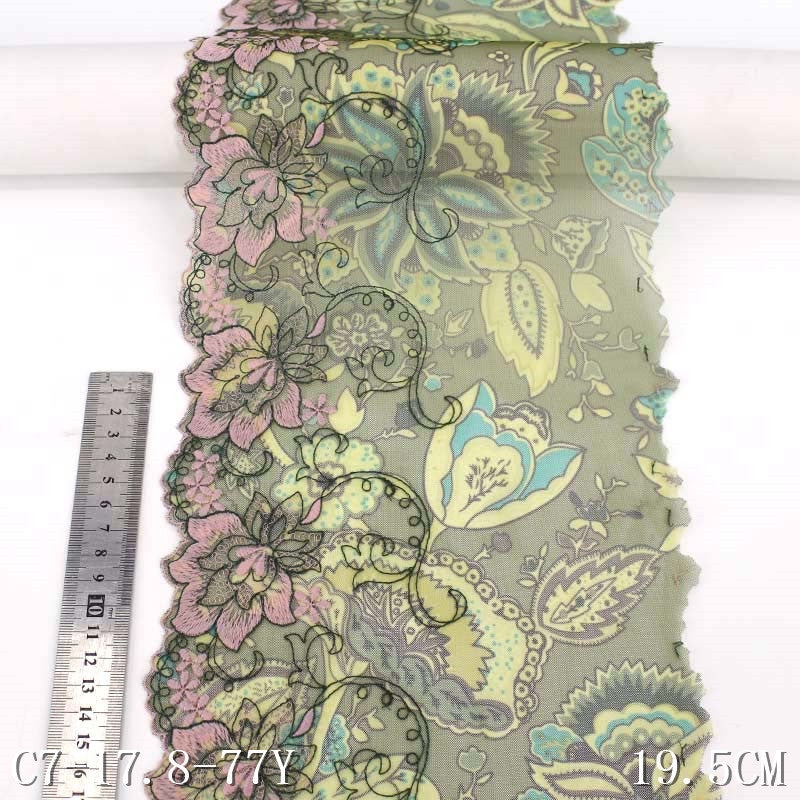 【1pack】-freedombeauty|In Stock Single Side Green Printed Mesh Base Pink Flower Performance Costume Accessories Embroidered Lace Width 19.5cm