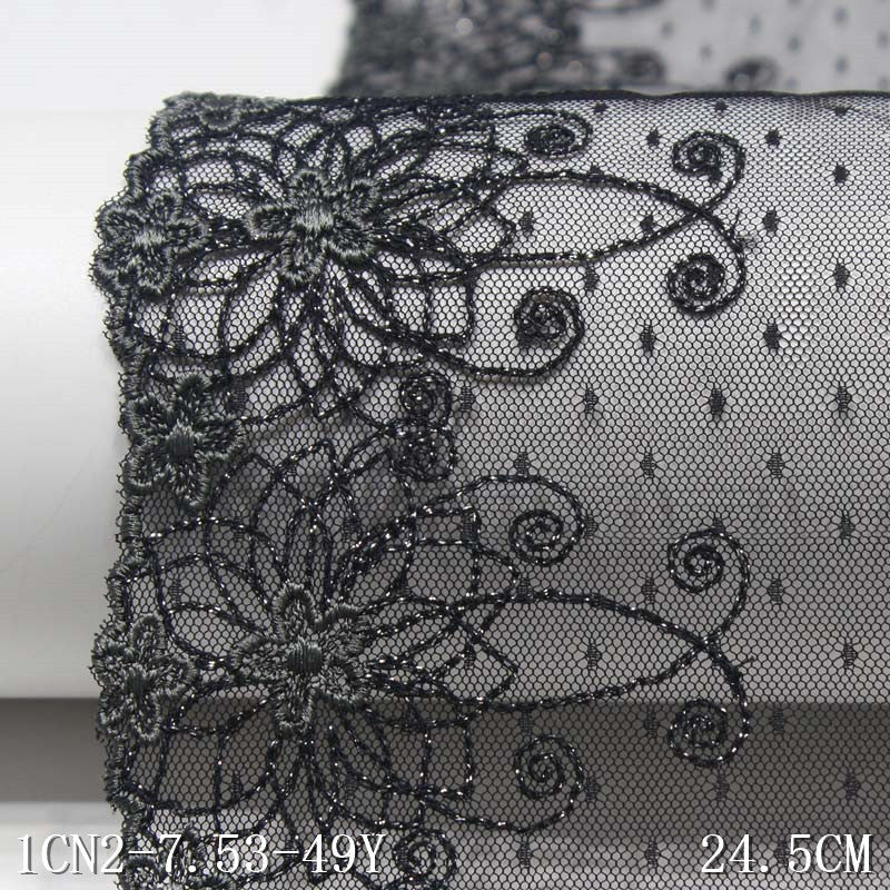【1pack】-freedombeauty|Black with Silver Thread Polyester Flower Lace Mesh Embroidery Trim Curtain Textile Accessories