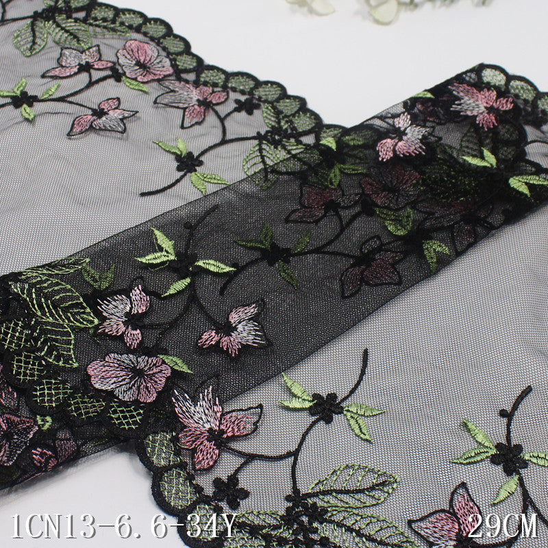 【1pack】-freedombeauty|Black Vintage Early Spring Double Wave Color Block Floral Leaf Embroidery Trim 29cm Home Textile Curtain Tablecloth Accessories DIY