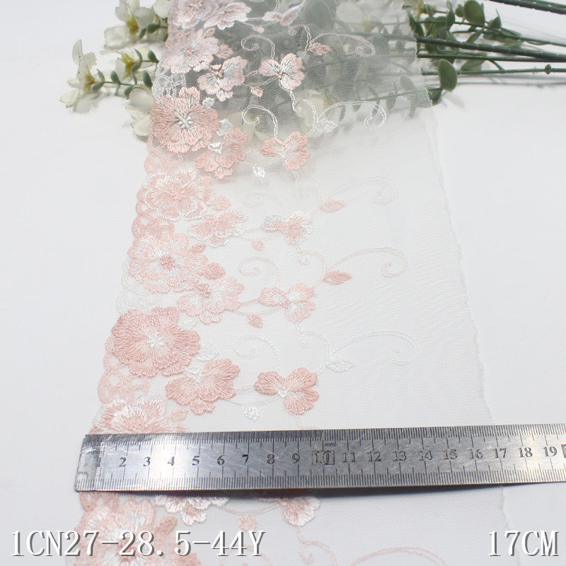 【1pack】-Freedombeauty | Pink Mesh Unilateral Vintage Flower Embroidery Lace 17cm Clothing Home Textile Lace Accessories DIY