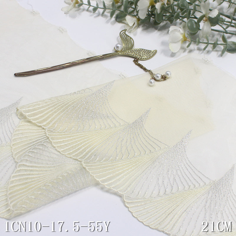 【1pack】-freedombeauty|Yellow Single-Sided Vintage Silver Thread Fan Mesh Embroidery Lace Curtain Sofa Cushion Lace Trim Accessories