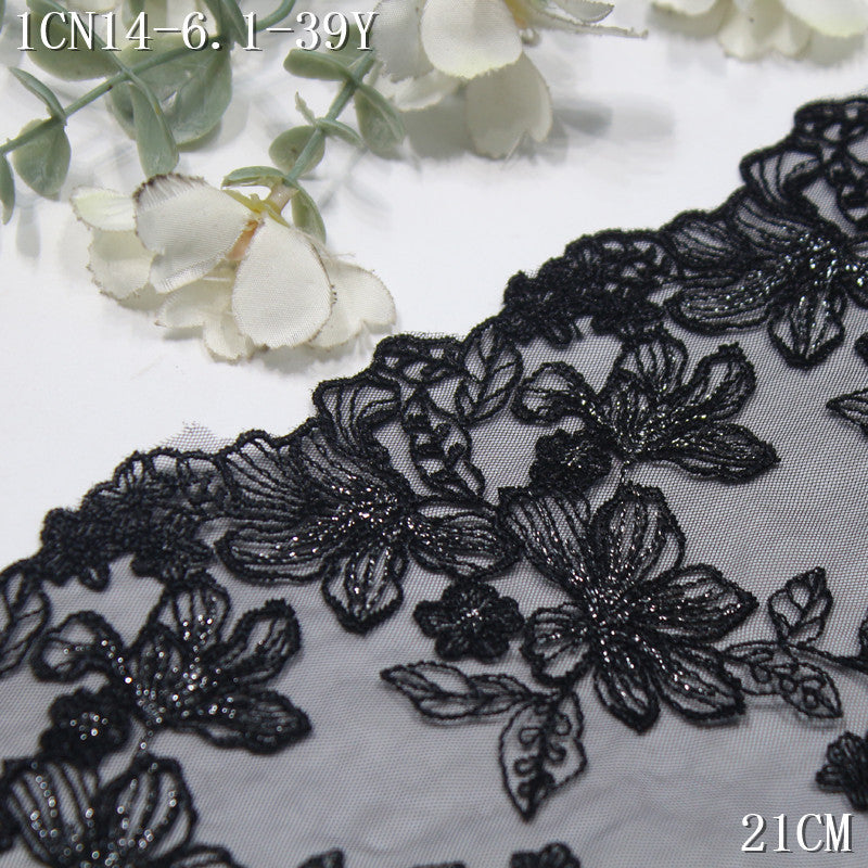 FREEDOMBEAUTY | [1Pack] Retro exquisite black mesh silver thread flower branches and leaves embroidered lace 21cm skirt headdress dress accessories