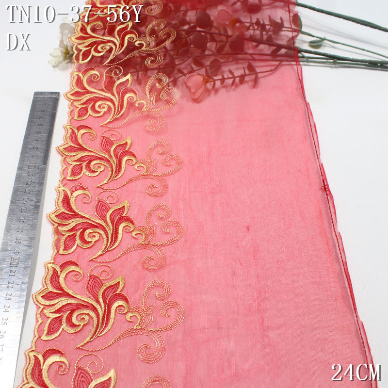 FREEDOMBEAUTY | Chinese gold-red rolled grass pattern red mesh embroidery lace 24cm veil wedding dress decoration accessories