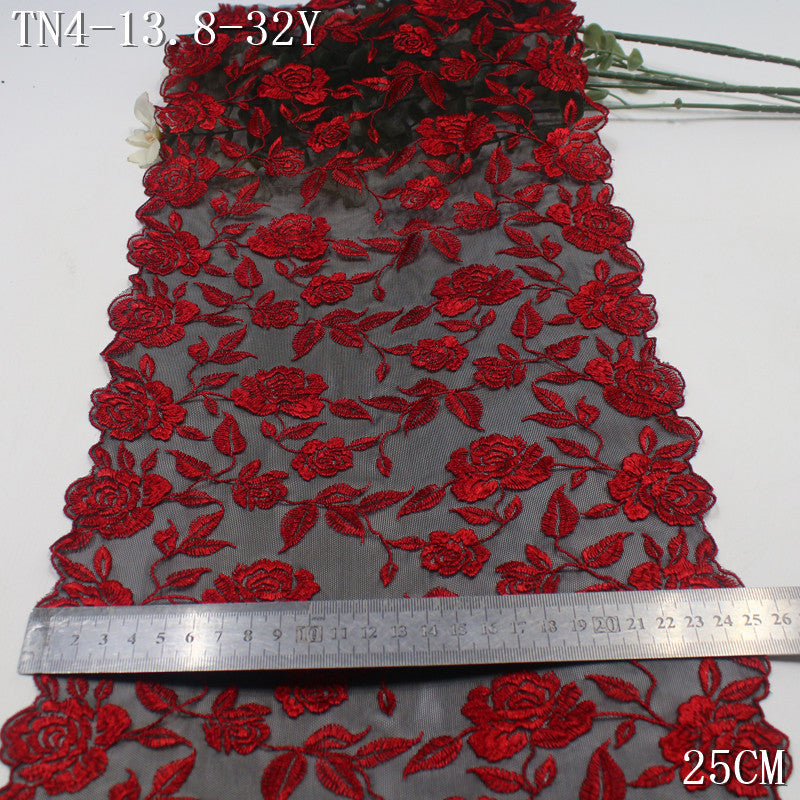 【1Pack】-Freedombeauty | Red and green mesh yarn full polyester thread flower plant elastic embroidery lace 27cm clothing accessories DIY accessories