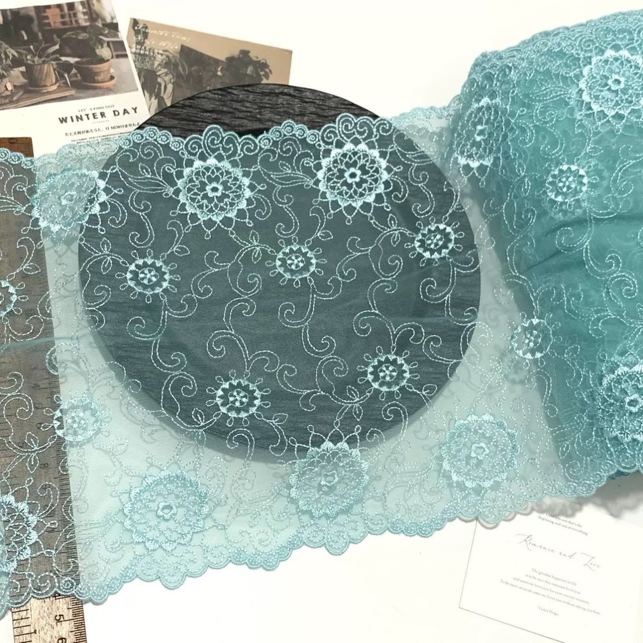 FREEDOMBEAUTY | Spot Mint Blue-Green Bilateral Full Embroidery Elastic Mesh Embroidery Lace Accessories Design