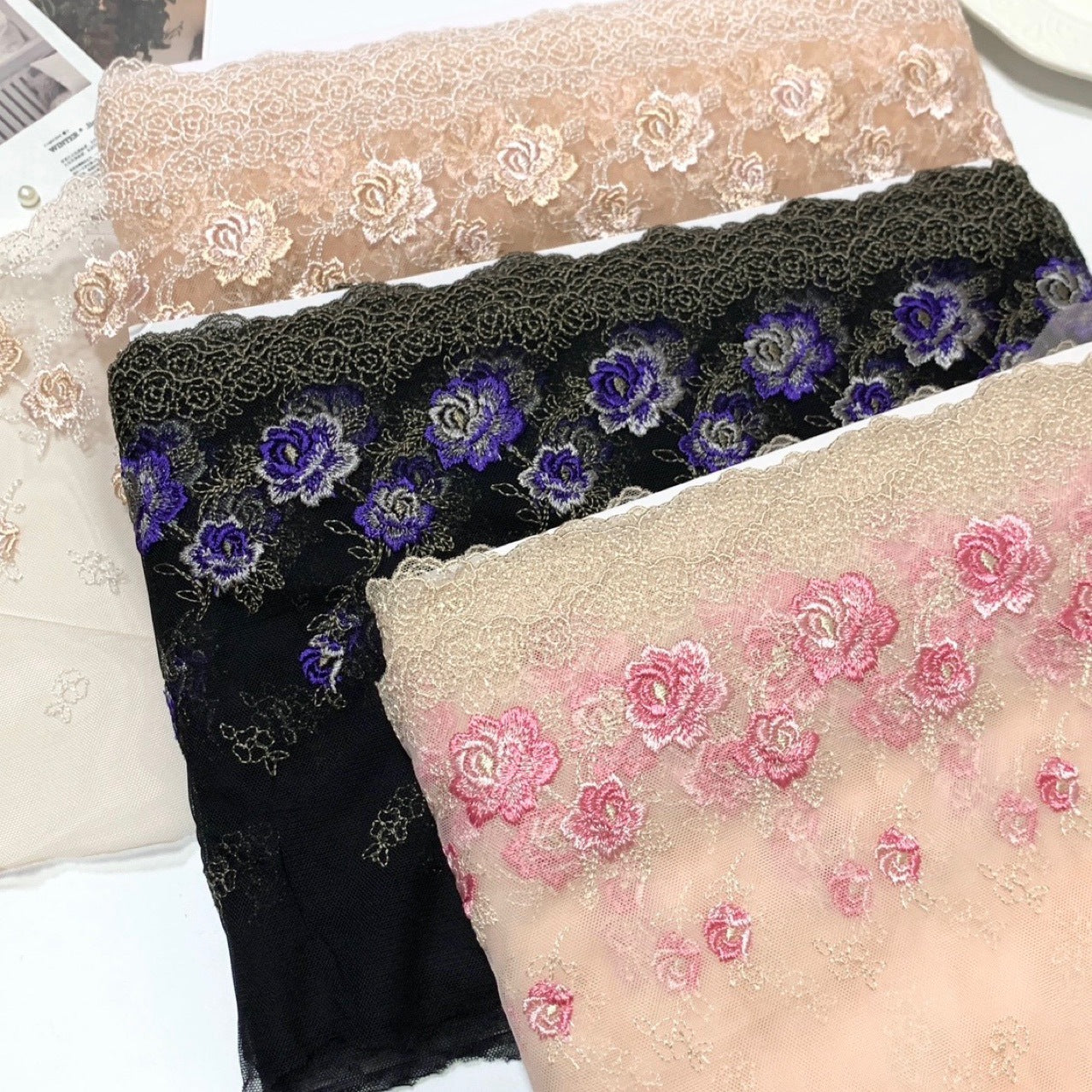 FREEDOMBEAUTY | Spot rose mesh embroidery lace accessories decorative fabric design clothing DIY