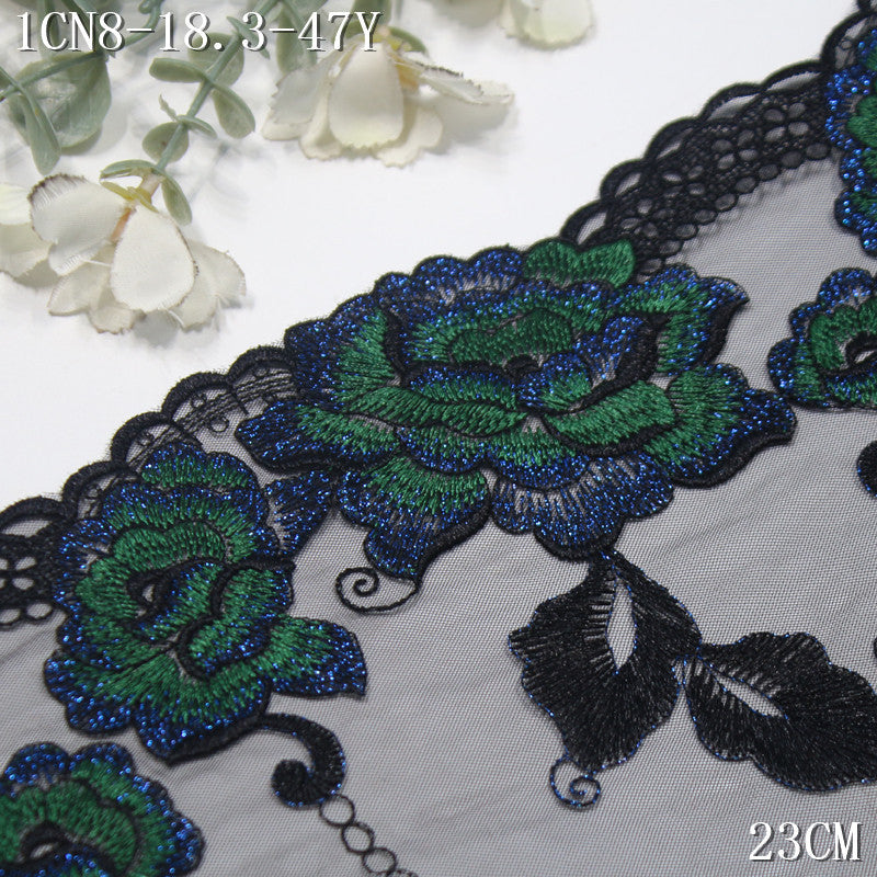 FREEDOMBEAUTY | [1Pack] Retro gradual change blue-green silver thread flower mesh embroidery lace, high-end clothing underwear accessories