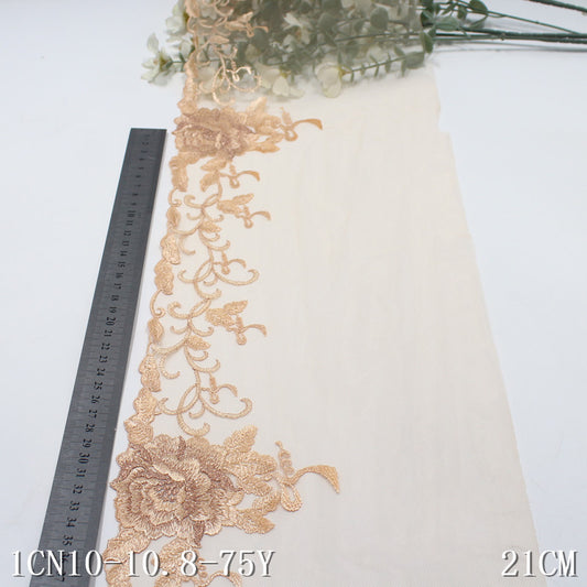FREEDOMBEAUTY | Apricot mesh delicate gold thread flower embroidery lace, high-end clothing home textile lace accessories