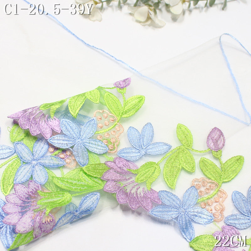 FREEDOMBEAUTY | [1Pack] Fresh Color Flowers Green Leaf Mesh Embroidery Lace 22cm Clothing Dress-up Handmade DIY Lace Accessories