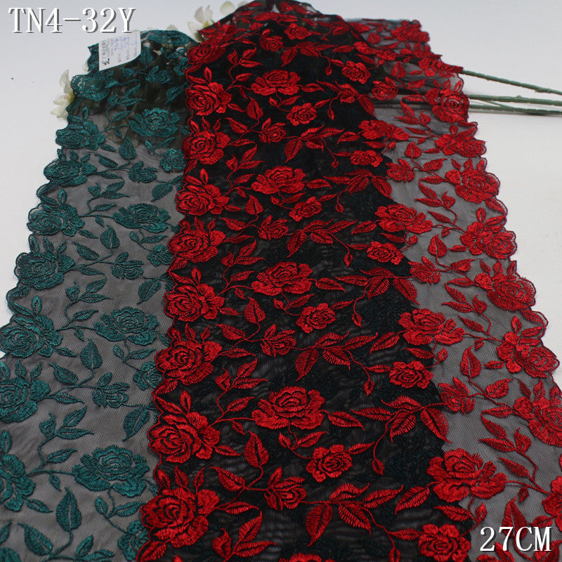 【1Pack】-Freedombeauty | Red and green mesh yarn full polyester thread flower plant elastic embroidery lace 27cm clothing accessories DIY accessories