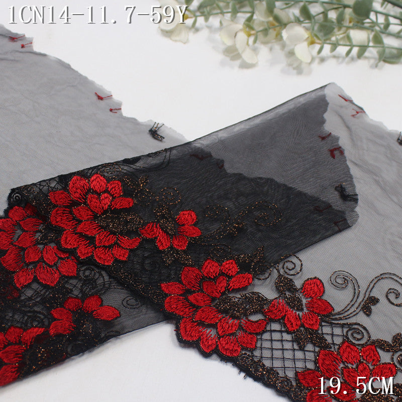 【1Pack】-Freedombeauty | Classic Black Mesh Unilateral Gold Thread Safflower Embroidery Lace 19.5cm Clothing Accessories Home Textile Accessories
