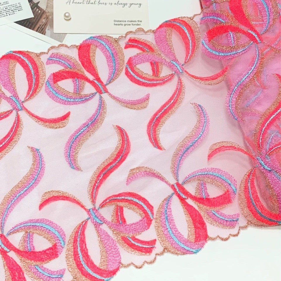 FREEDOMBEAUTY | Spot micro-elastic heavy industry embroidery gold thread bow embroidery bilateral mesh lace accessories decoration DIY