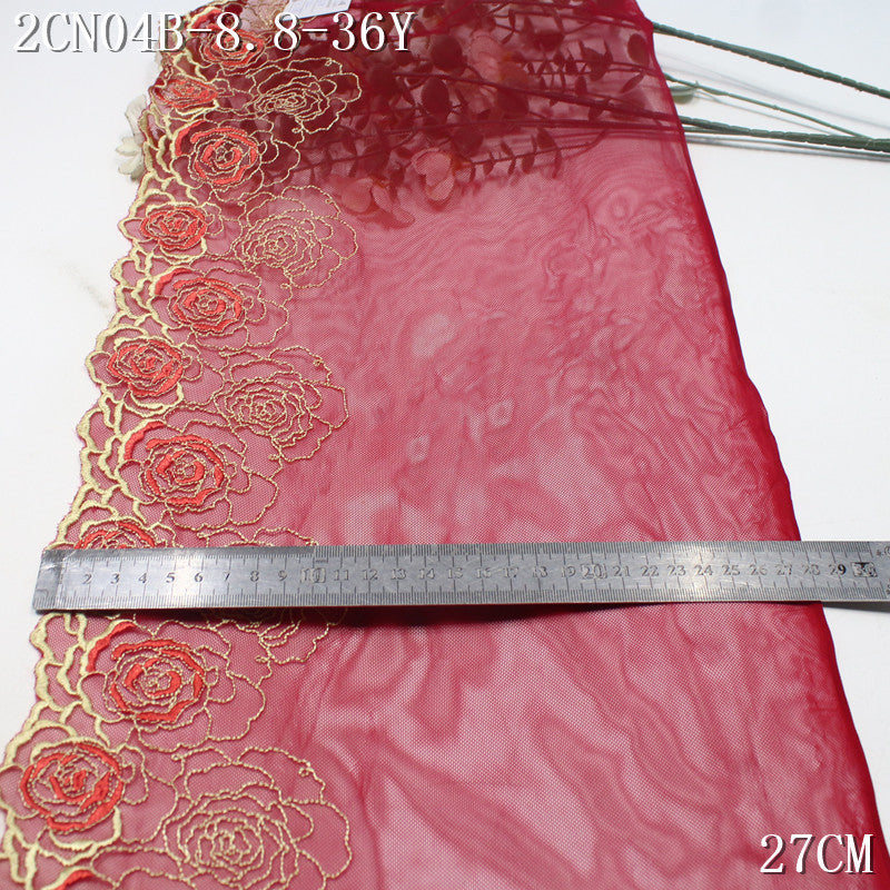 FREEDOMBEAUTY | Crimson mesh rose flower pattern embroidery lace, dress veil skirt lace accessories