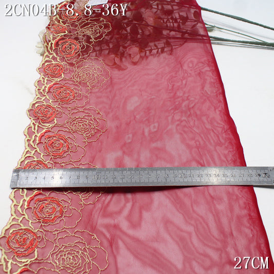 FREEDOMBEAUTY | Crimson mesh rose flower pattern embroidery lace, dress veil skirt lace accessories