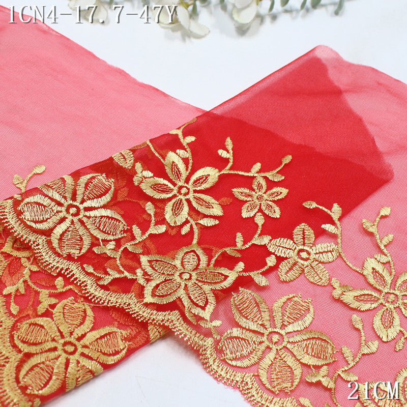 FREEDOMBEAUTY | Chinese classic gold flower red mesh embroidery lace 23cm festive wedding dress decoration accessories