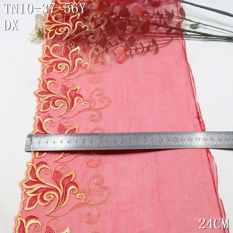 FREEDOMBEAUTY | Chinese gold-red rolled grass pattern red mesh embroidery lace 24cm veil wedding dress decoration accessories