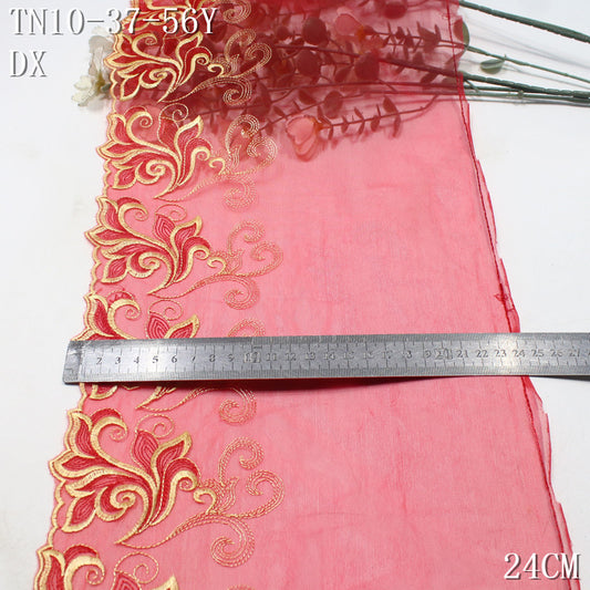 FREEDOMBEAUTY | Chinese gold-red rolled grass pattern red mesh embroidery lace 24cm veil wedding dress decoration accessories