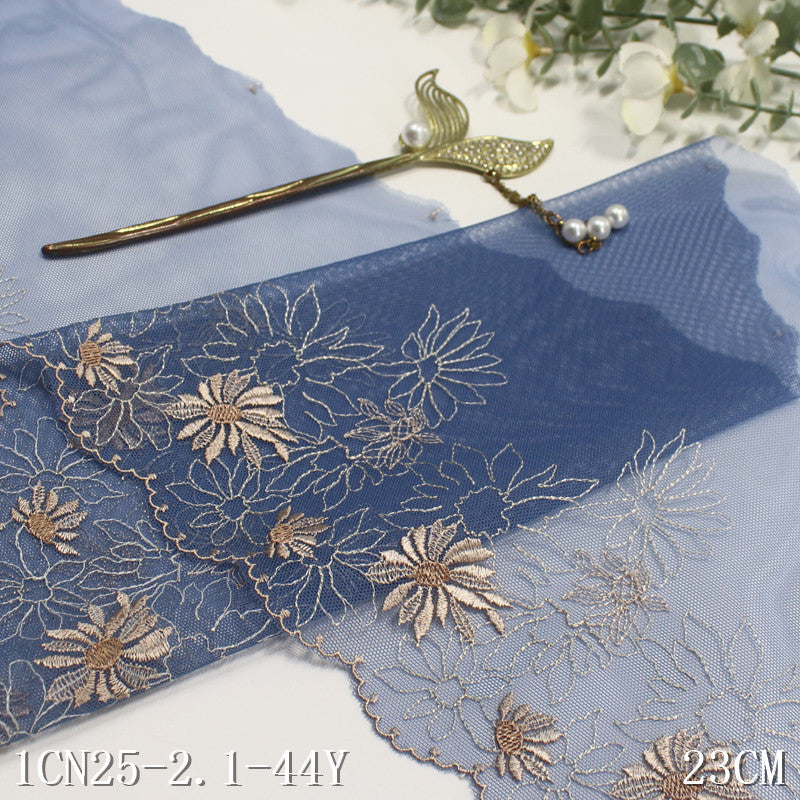 FREEDOMBEAUTY | Tanglong blue mesh yarn single and double-sided national style flower embroidery lace, curtain sofa cushion lace accessories DIY