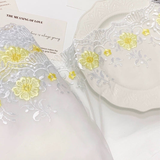FREEDOMBEAUTY | In Stock White Background Yellow Floral Mesh Embroidered Lace Accessories Decorative Fabric Design Clothing DIY
