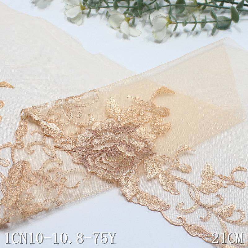 FREEDOMBEAUTY | Apricot mesh delicate gold thread flower embroidery lace, high-end clothing home textile lace accessories