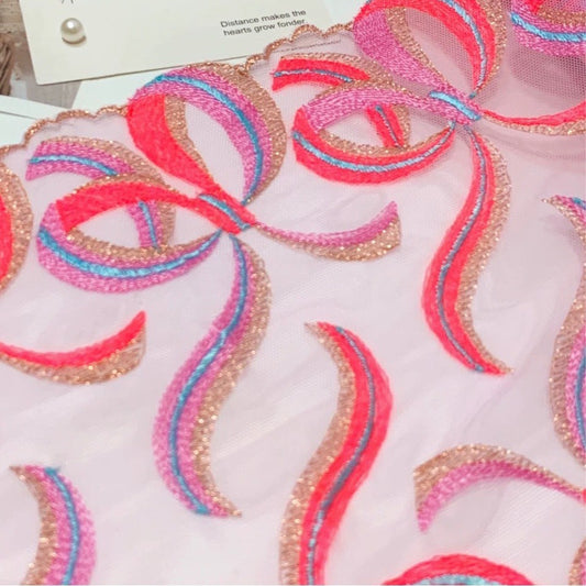 FREEDOMBEAUTY | Spot micro-elastic heavy industry embroidery gold thread bow embroidery bilateral mesh lace accessories decoration DIY