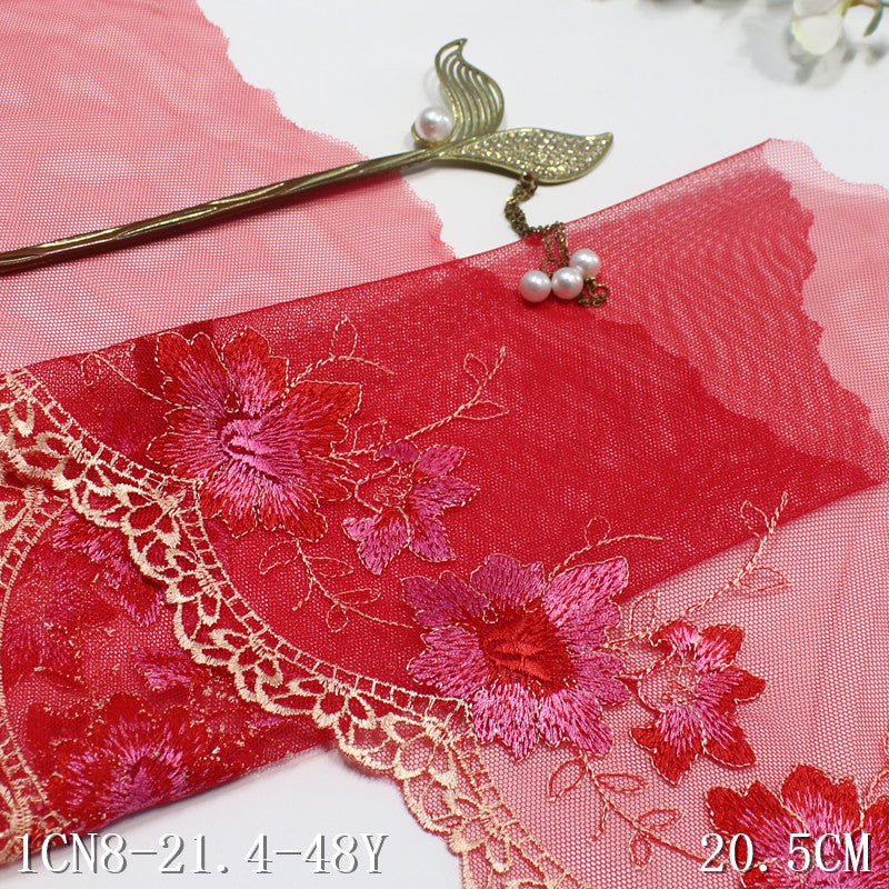 FREEDOMBEAUTY | Red exquisite flower mesh yarn embroidered lace 20cm Hanfu ancient clothing edge lace accessories
