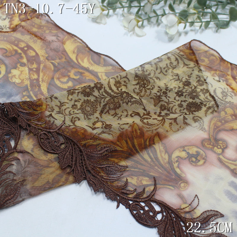 FREEDOMBEAUTY | Vintage brown printed mesh yarn unilateral rolled grass pattern embroidery lace 22.5cm clothing handmade accessories