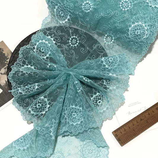FREEDOMBEAUTY | Spot Mint Blue-Green Bilateral Full Embroidery Elastic Mesh Embroidery Lace Accessories Design