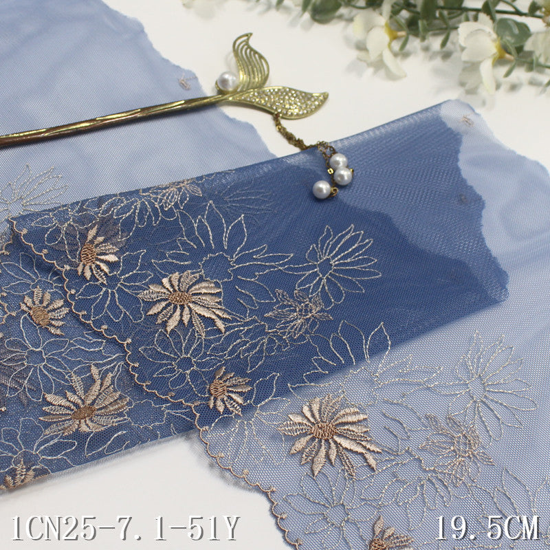 FREEDOMBEAUTY | Tanglong blue mesh yarn single and double-sided national style flower embroidery lace, curtain sofa cushion lace accessories DIY