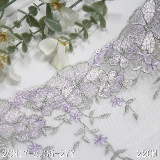 FREEDOMBEAUTY | [1Pack] Light purple bilateral texture flower mesh embroidery lace 22cm skirt dress lace accessories DIY