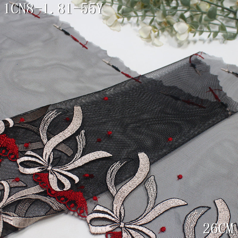【1Pack】-Freedombeauty | Black mesh single-sided bow floral decoration party embroidery lace 26cm clothing jewelry home textile accessories