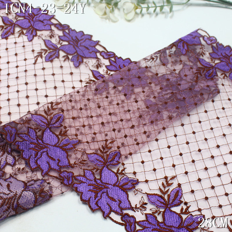 FREEDOMBEAUTY | Two-color plaid mesh bilateral purple flower embroidery lace 26cm clothing curtain lace accessories
