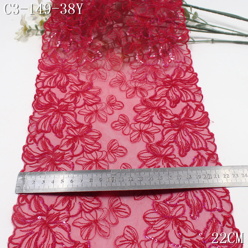 FREEDOMBEAUTY | [1Pack] Red full-width sequin tracing flower mesh embroidery lace 31cm dress stage clothing dressing accessories